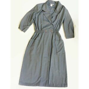 Vintage Traditional Worker Dress Womens 12 Gray Collared Elastic Waist USA Made